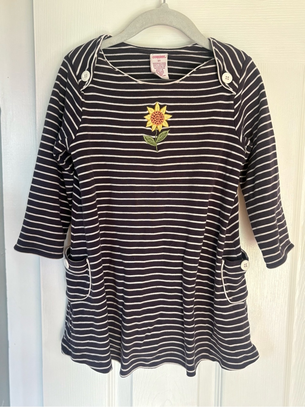 3T Vintage Gymboree Navy & White Striped Dress with Sunflower Patch Qrtr Sleeves